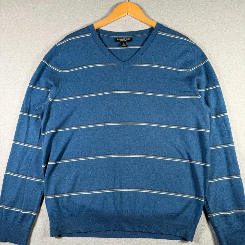 Banana Republic Mens Silk Cotton Cashmere V-Neck Striped Sweater Blue Large